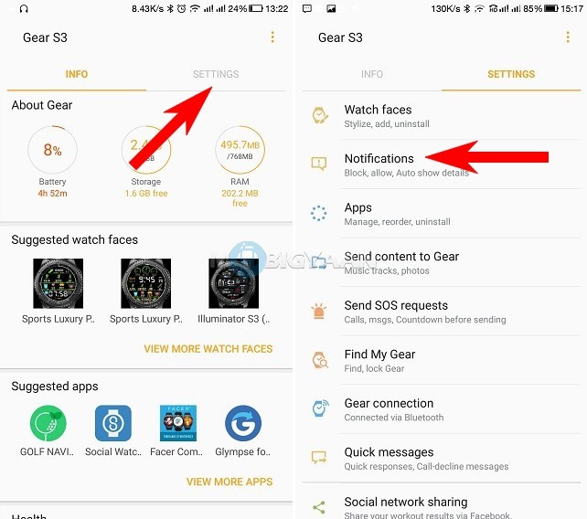 app notifications on Samsung Gear S3