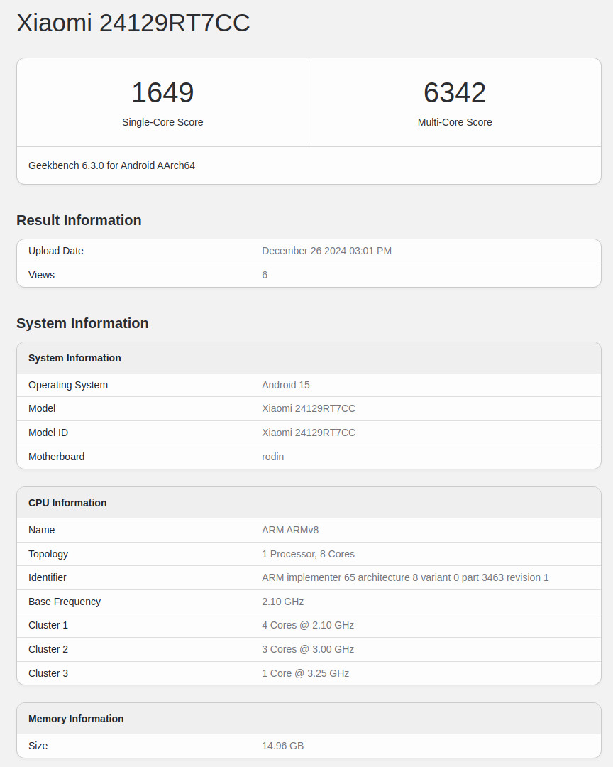 Redmi Turbo 4 Geekbench leak